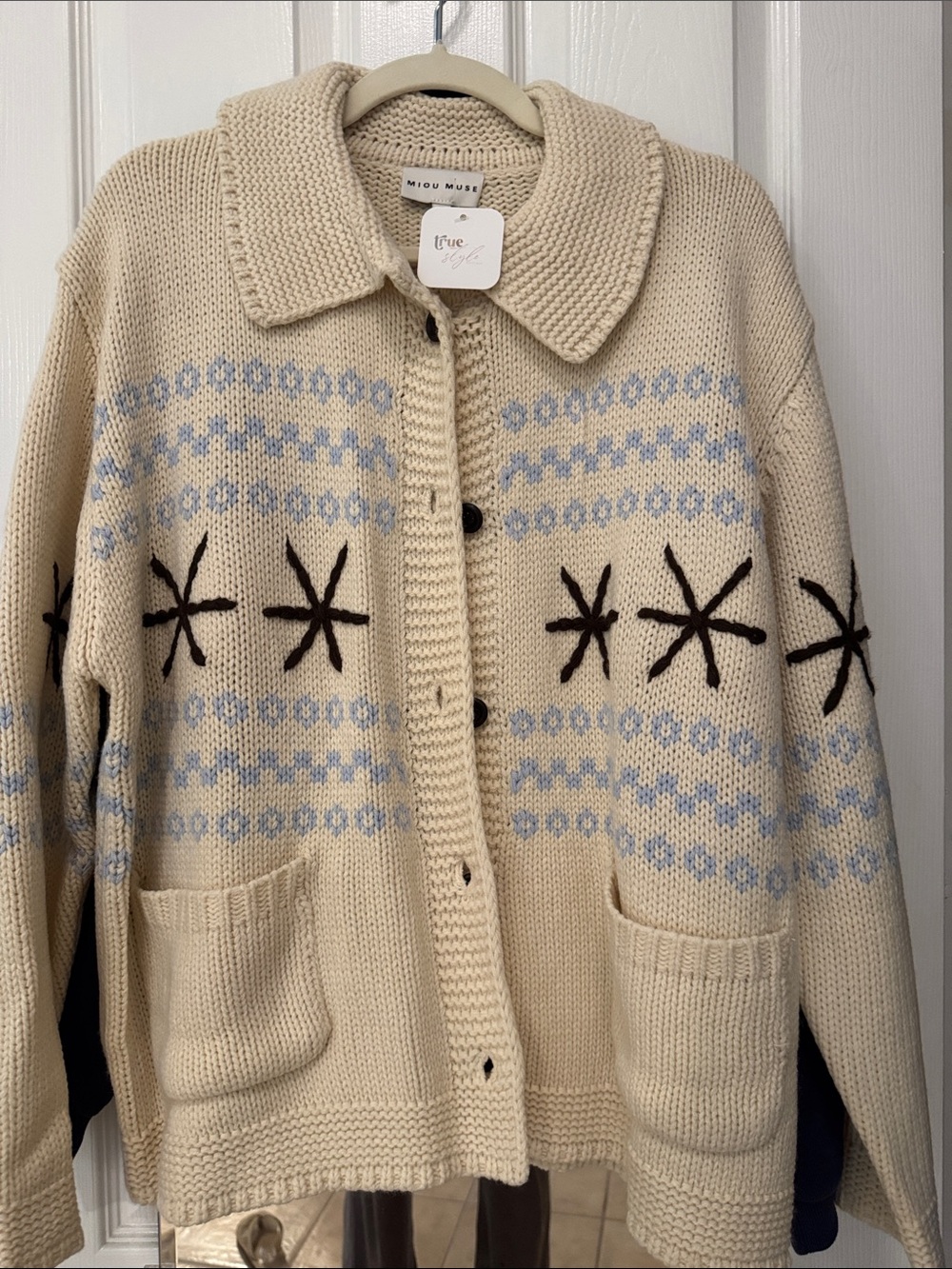 NWT - BOUTIQUE Cream Knit Cardigan with Light Blue Fair Isle and Brown Sta